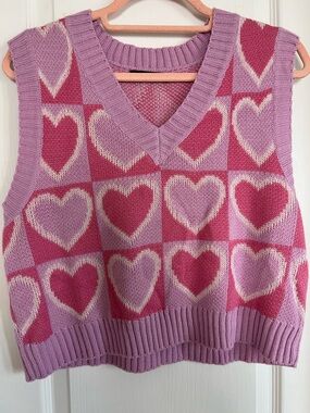 SHEIN Pink & Lilac Heart Checker V-Neck Sweater Vest